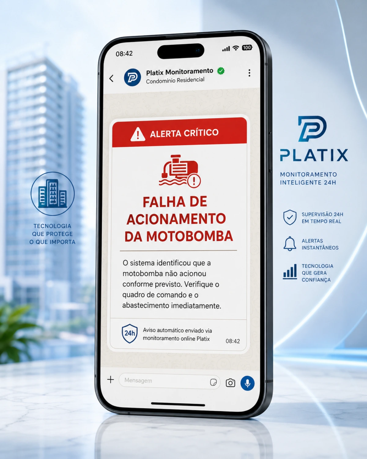 Alerta via WhatsApp sobre falha de acionamento da motobomba no sistema Platix